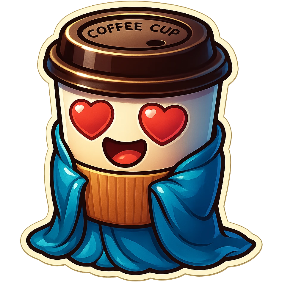 Ink wash style, coffee cup creature, big heart eyes, dopey smile emoji