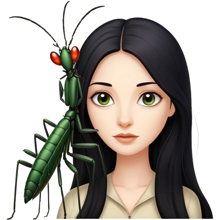 beautiful pale woman with long black hair next to one stick bug emoji