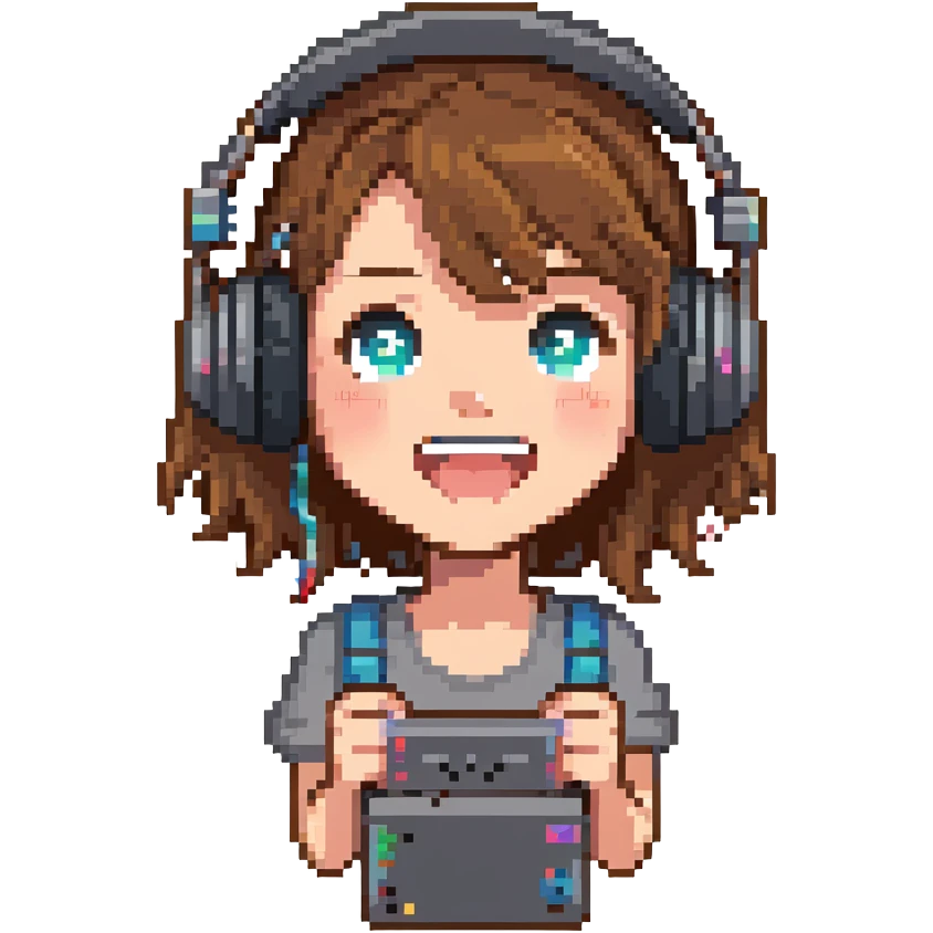 brown-haired gamer girl, excited expression, headphones, head only, emote emoji