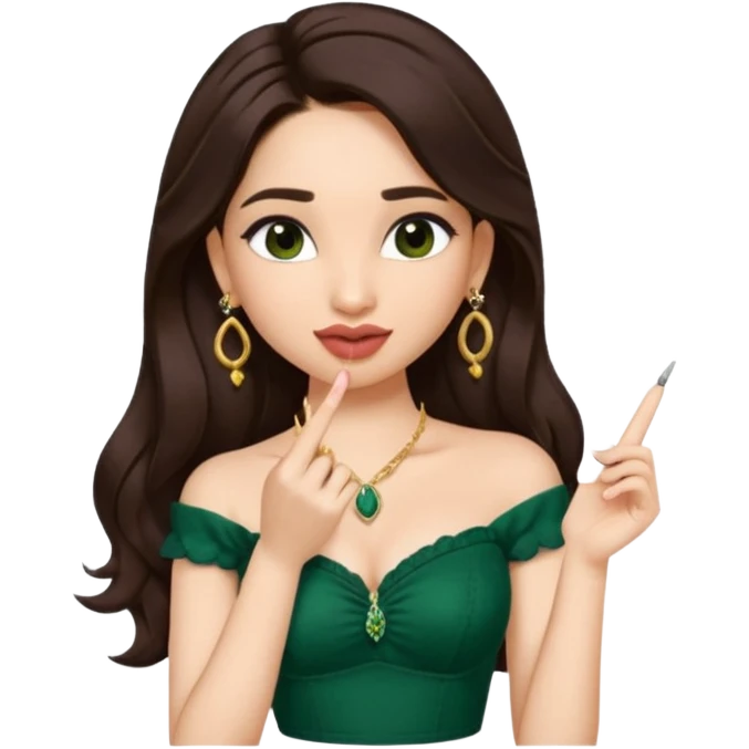pretty bratz genmoji that looks like tamannah bhatia (bollywood actress), wearing a dark green sweetheart neckline top, dark brown hair, light makeup, no necklace, dangly earrings, side hair part, fair. dark brown eyes, long hair

Show her licking her finger  emoji