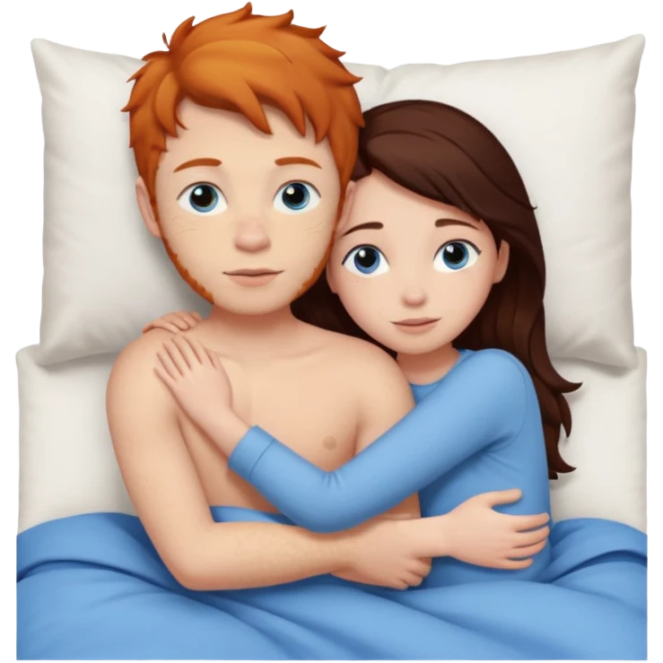 Ginger boy hugging girl with very dark brown hair. Both have blue eyes. They are in bed.  emoji