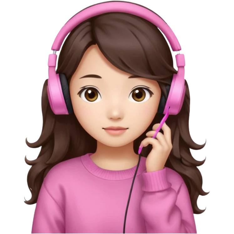 a asian japanese girl with wavy long silky brown hair and no bangs. the right side of hair is set on her shoulder she has a cute pink gaming headphones. she is wearing a cute pink sweater  emoji