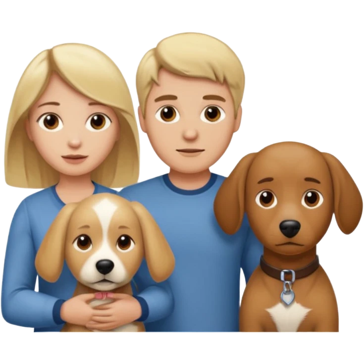 Blonde haired man with brown haired woman and beige dog emoji