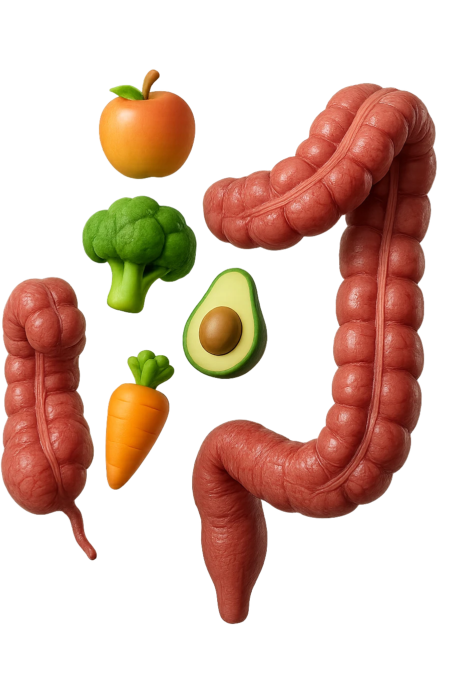 emoji stile iphone in 3d di cibo sano che fluttua in aria vericalmente insieme a pezzi di colon umano anatomico, iperrealistico 4k emoji