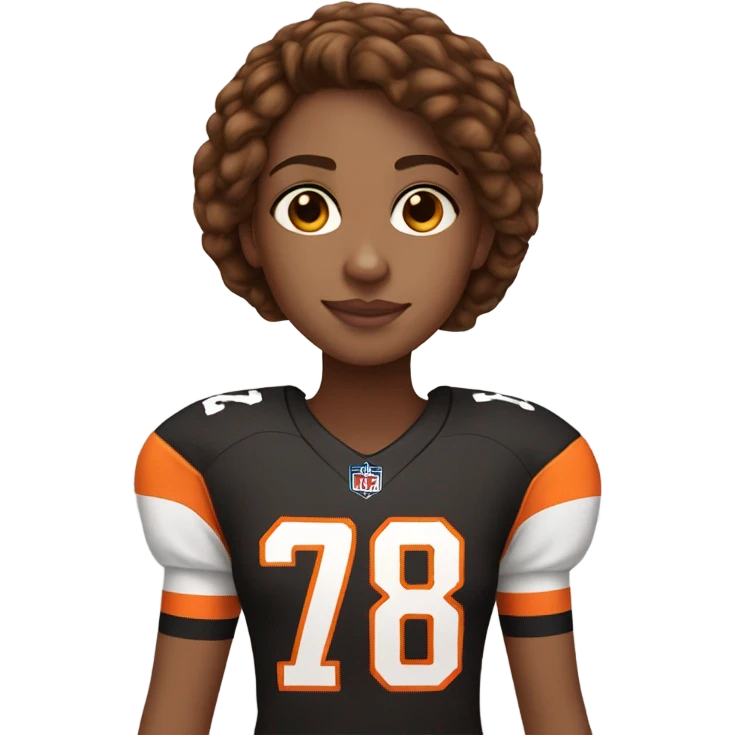 Girl with long brown hair, light skin, wearing orange and black Bengals football jersey emoji