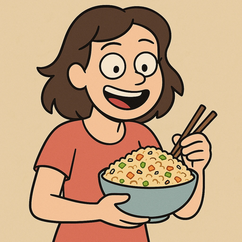 fried rice, cartoon style, smiling face, simple background emoji