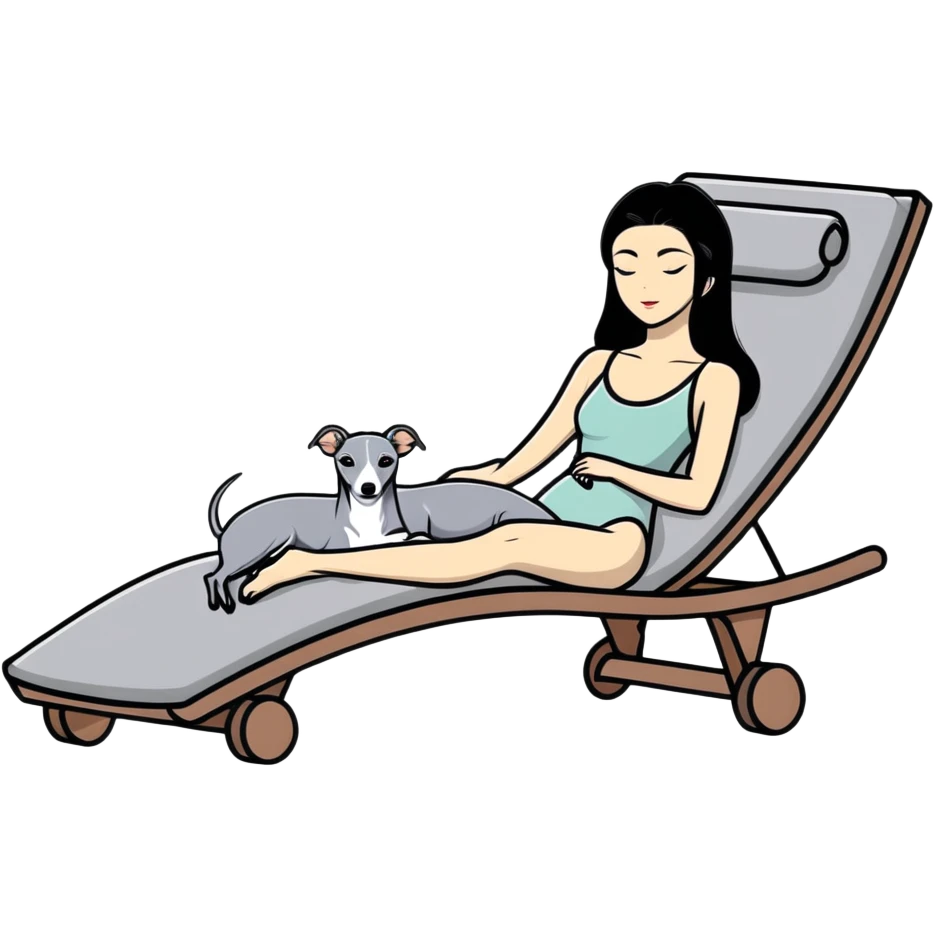 Very thin Chinese woman with long black hair relaxing on a spa lounger with exactly ONE Italian greyhound that is COMPLETELY solid grey - IMPORTANT: the dog must be ENTIRELY ONE UNIFORM GREY COLOR with ABSOLUTELY NO WHITE MARKINGS ANYWHERE - no white on face, no white on chest, no white on paws, nothing but pure grey throughout the entire dog emoji