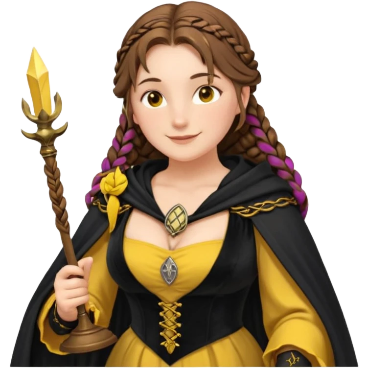 Helga Hufflepuff, brown-haired, 2 long brown braids, yellow-black medieval dress, deep neckline, black cloak decorated with gold braiding, small magic wand made of wood, tiny two-handled shiny yellow-gold cup, very kind smile, curvy busty sweet woman, macromastia, thick round rosy cheeks emoji