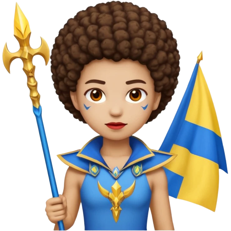 Emoji metisse femboy mais plus masculin avec drapeau ukrainien arriere plan, un afro, sourcils rouge, fourche trident, et eclairs et sur fond bleu clair irrisé. Peau lightskin, yeux marron et cheveux marron bouclés mais en mode afro pixi cut emoji