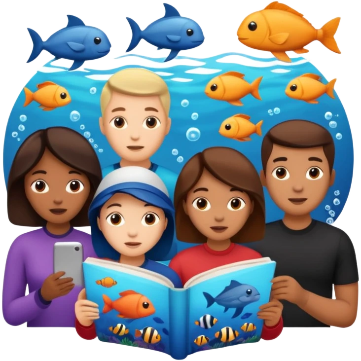 des gens qui lisent un panneau afin d'en apprendre plus sur la vie marine  emoji