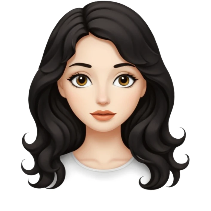 persona mujer con piel clara y ondas color negro y largos  y sin volumen y con delineador en los ojos y con los labios medianos, ojos almendrados y nariz respringada y el fondo blanco  emoji