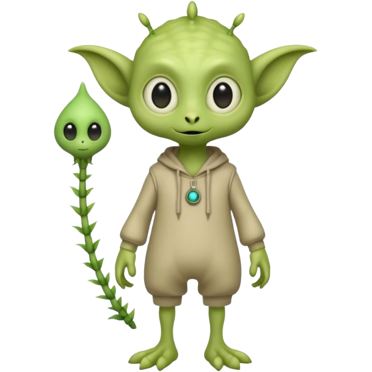 full body cute roughly humanoid peacefull alien furry with 2 legs and eye stalks stands upright and looks intelligent ...wears clothing. not green..looks happy and cudly... has 3 eyes...the alien has 3 eyes....it has an extra eye on a stalk emoji