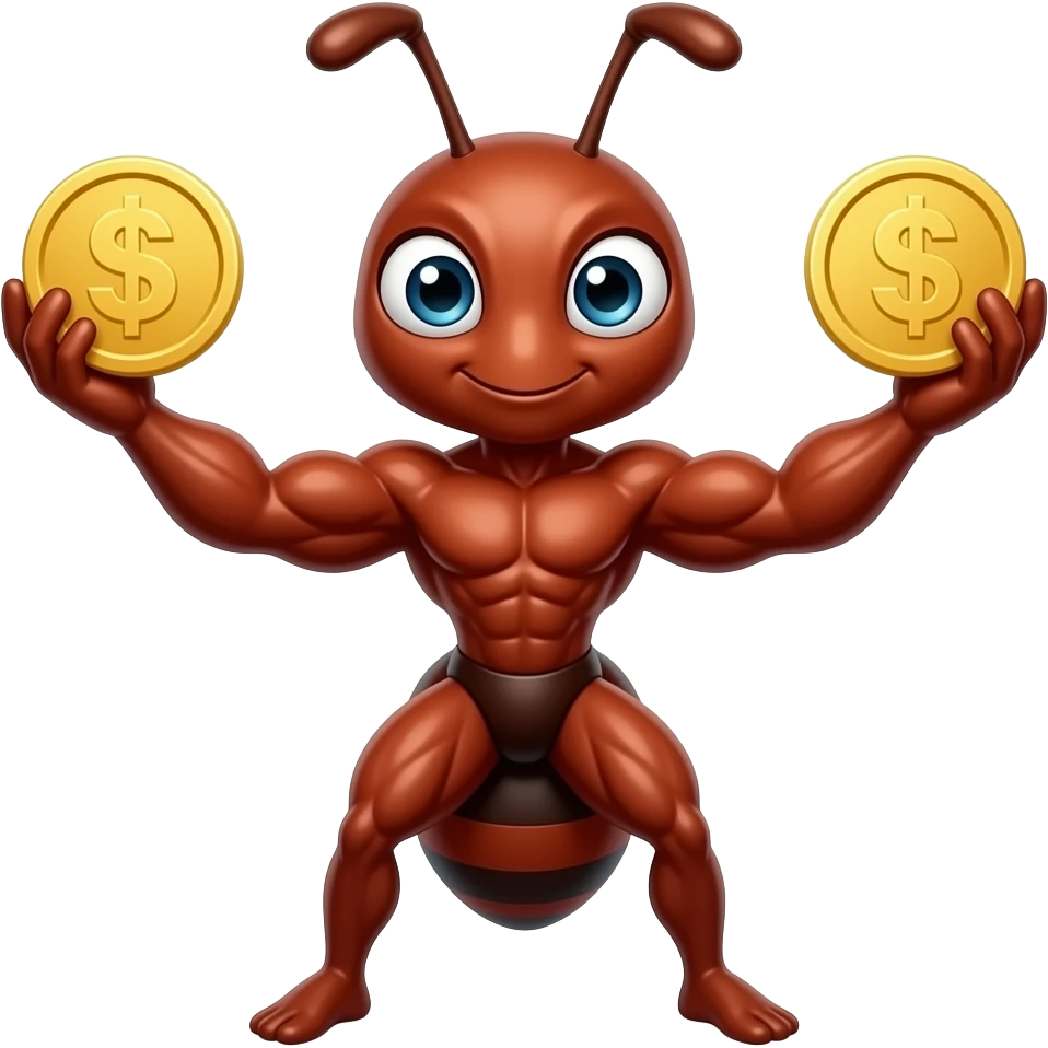A red muscular ant holding gold coins under its arms, cartoon style emoji