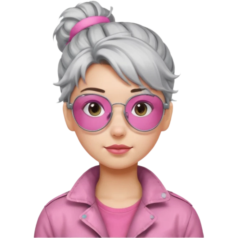 Girl with silver messy hair bun with pink aviator glasses emoji
