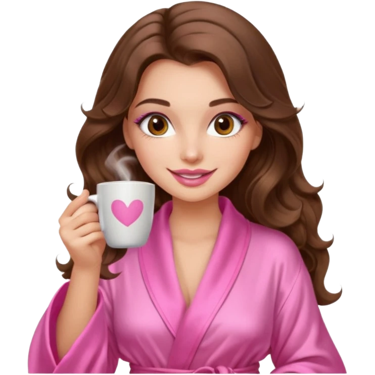girl with long wavy brown hair, brown eyes, long lashes makeup, sexy pink lips, light to medium complexion, wearing a pink sexy silk top, smiling in a cozy pink robe drinking coffee emoji