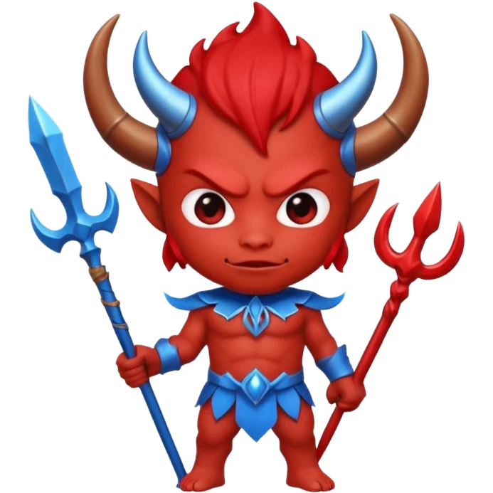 a Red devil, short horn Chibi red demon hold a blue trident emoji