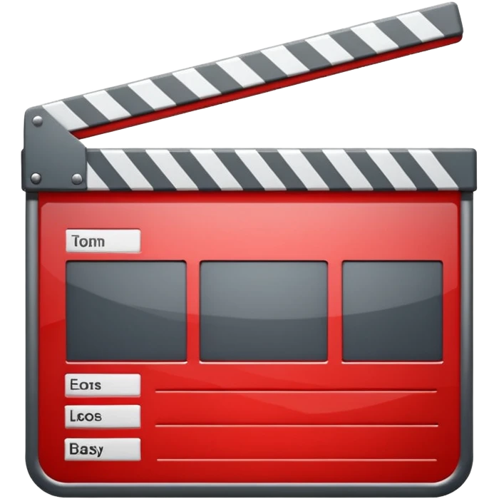 Glossy bright red clapperboard in the classic style of Apple icons: the top bar is tilted up-left, the body and bar with a deep glossy glare, dark gray edging, black background inside, perfectly square with rounded corners. emoji