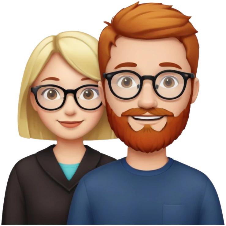 Girl with short dark brown hair and round glasses smiling next to man with blonde hair and red beard. emoji