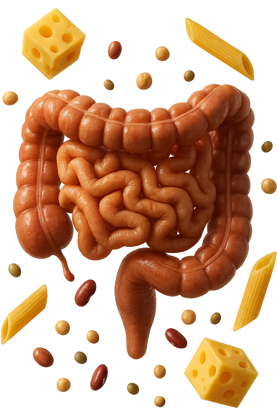 PEZZETTI DI EMMENTAL, PENNE DI PASTA RIGATE E LEGUMI FLUTTUANO INTORNO AD UN INTESTINO UMANO ANATOMICO REALISTICO, iperrealistico 4k emoji