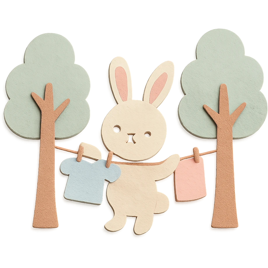 bunny hanging laundry between trees, calming domestic forest feel, soft pastel colors emoji