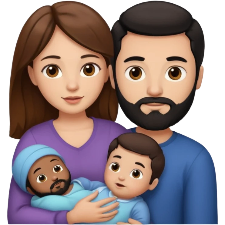 Una mujer con pelo castaño y ojos marrones  con un bebé y un hombre con pelo negro y barba emoji