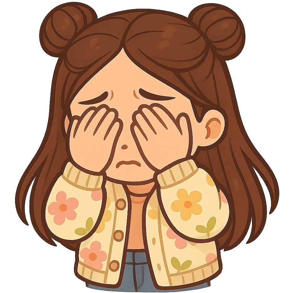 Create a chibi sticker of the girl from the reference image. She has brown straight hair styled in double buns, brown eyes, wearing a pastel floral cardigan and jeans. She is covering her eyes in fear. The sticker should have a white outline and a transparent background, sized 512x512px. emoji