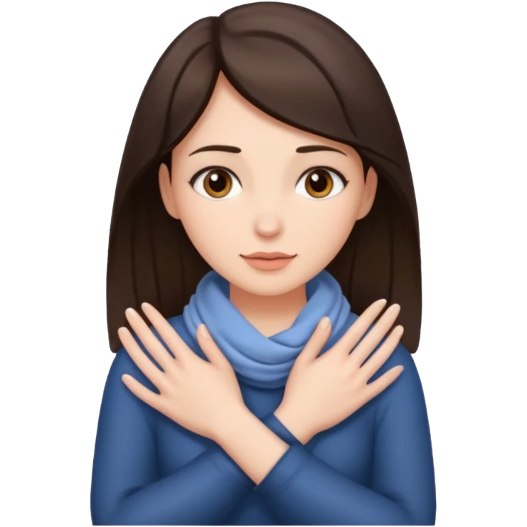 a brunette woman with her hands wrapped fully around her neck emoji