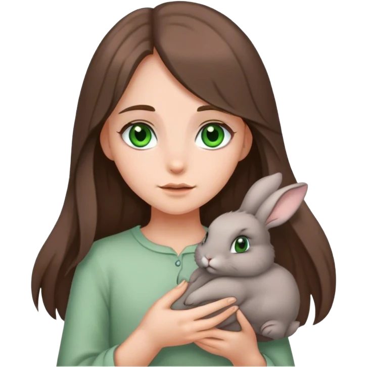 A grey, floppy eared bunny being held by a girl with long brown hair and green eyes. emoji