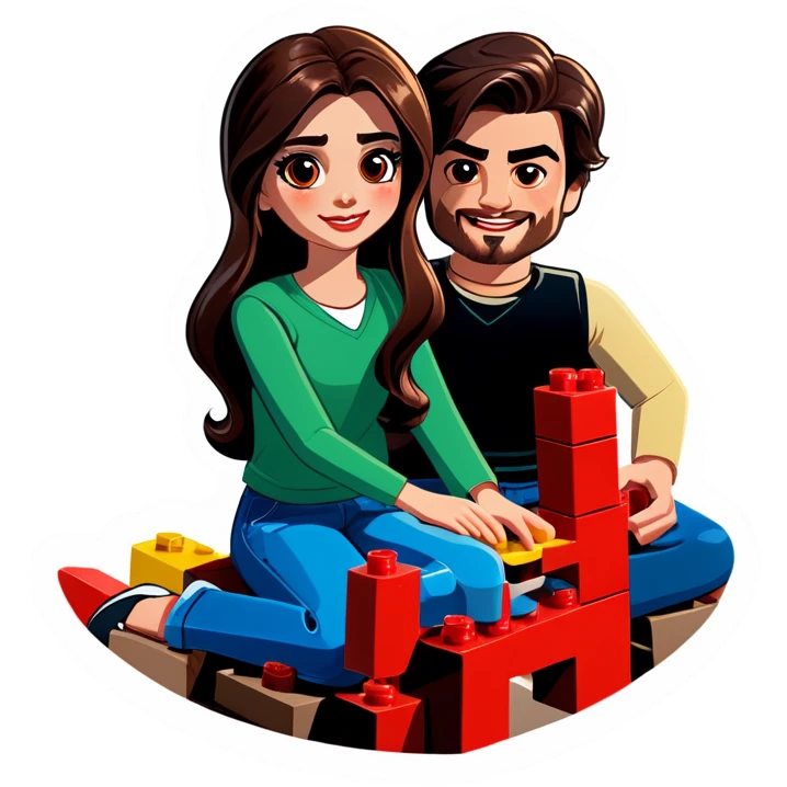 A handsome young man with dark hair, a little heavy sits with his girlfriend with cascading, dark brown hair, flowing down her face as they sit together playing Legos emoji
