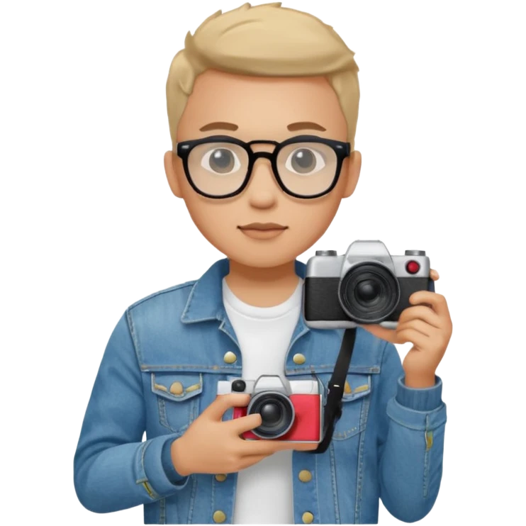 Young male, holding camera, jean jacket with white t-shirt inside, glasses


 emoji