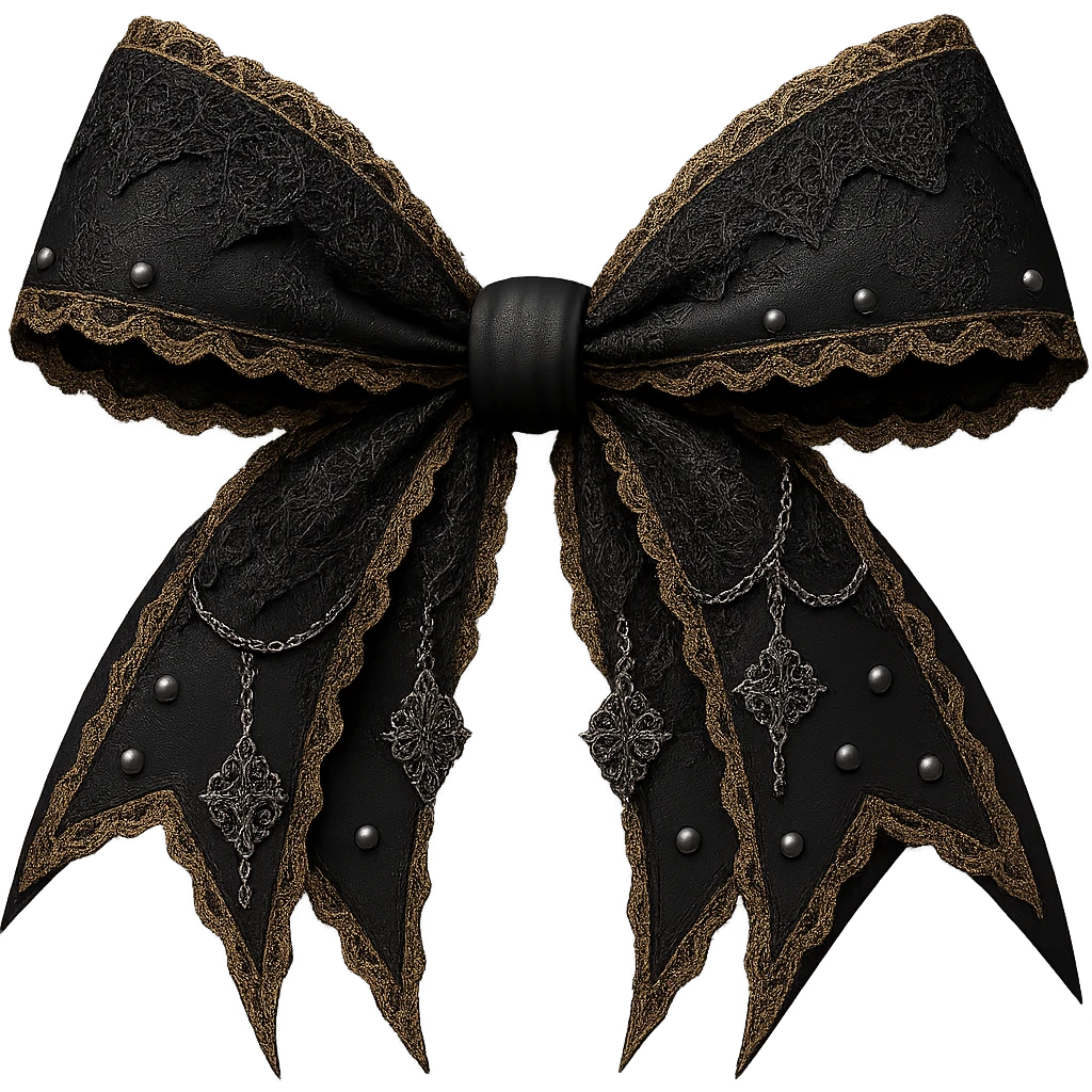 Make the blue gothic bow even more dramatic: larger, with exaggerated pointed ends, extra lace, and ornate silver chains. Keep the background transparent. Maintain the gothic style and intricate details. emoji