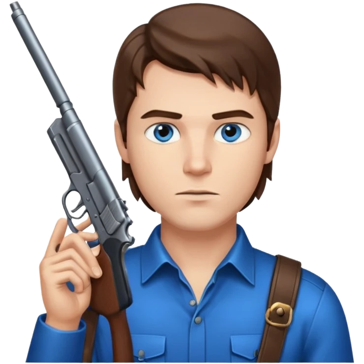 guy w medium long brown hair and blue eyes with gun pointed up at his chin emoji