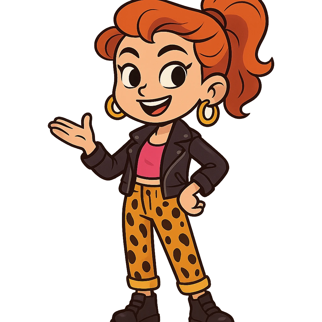 confident, fashionable girl character, stylish and bold, wearing trendy clothes, cheerful expression, cartoon style emoji