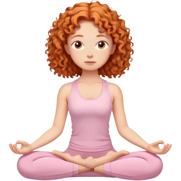 Emoji Style ginger haired curly girl in light pink yoga clothes meditating emoji