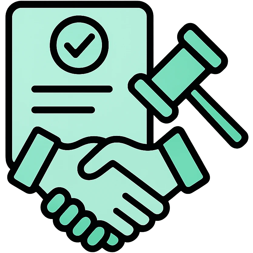 Contract document with gavel and handshake, fluid dimensional design, techy style, black outlines with mint green #B5F4D3 accents emoji