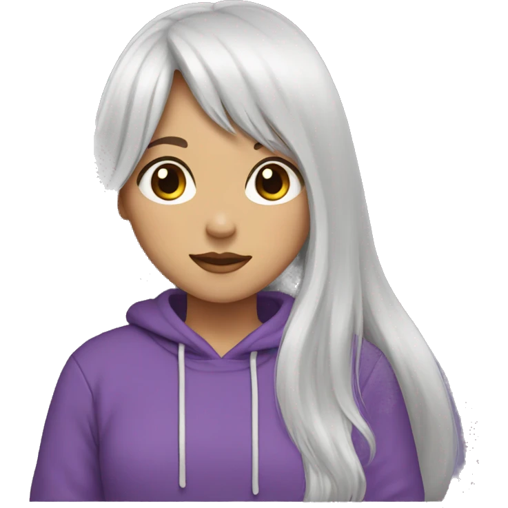 a girl with long white hair with bangs, brown eyes, wearing a purple sweatshirt emoji