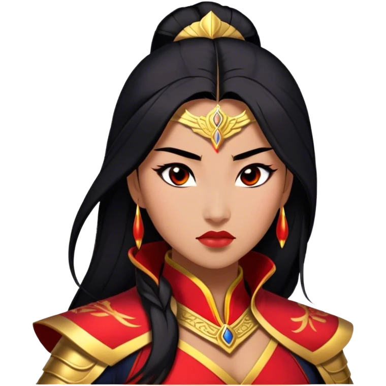 Cinematic Stunning Mulan Portrait Emoji, Fierce yet graceful, flowing raven-black hair, piercing brown eyes filled with determination, adorned in regal red and gold warrior attire, glowing with the strength and beauty of a true heroine, an elegant warrior in her prime! emoji