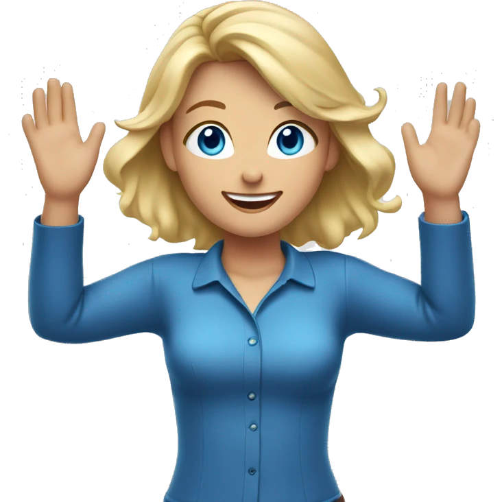 Blonde Girl with blue eyes with both hands in the air. Happy, frontal view above waist only. Enjoying emoji