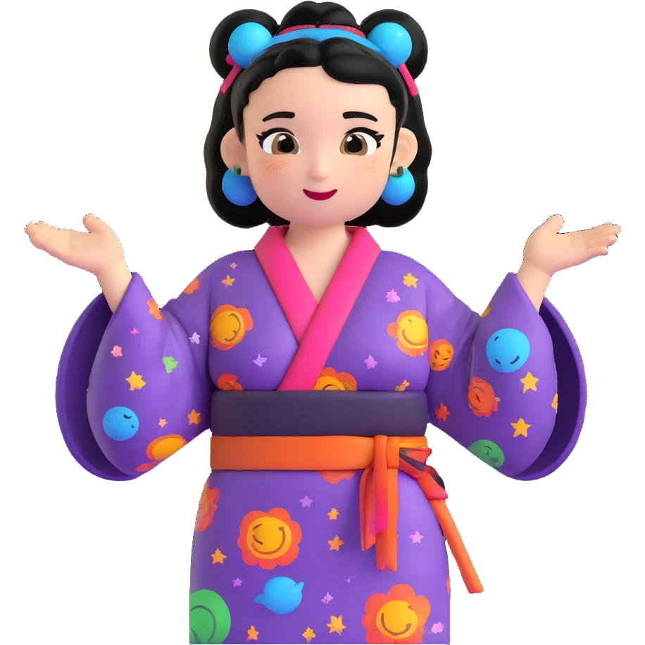 confident emoji character, black hair in big space buns, colorful kimono dress with belt, winged eyeliner, empowered smirk, expressive hand gesture, quirky and energetic vibe emoji