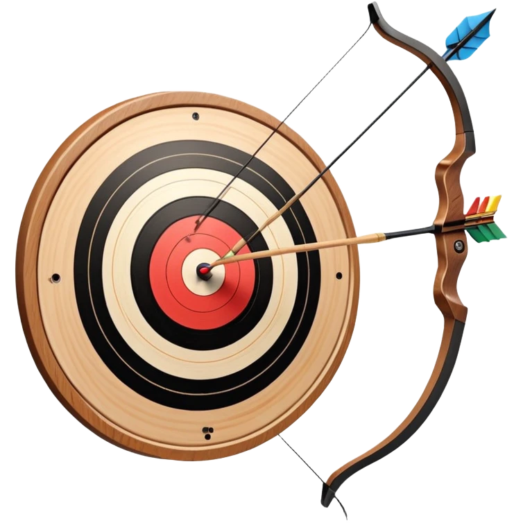 A professional recurve bow with an arrow nocked, ready to be released. The target features concentric rings, placed at a distance. The emphasis is on the bow, arrow, and target, highlighting the precision, focus, and skill involved in competitive archery. emoji