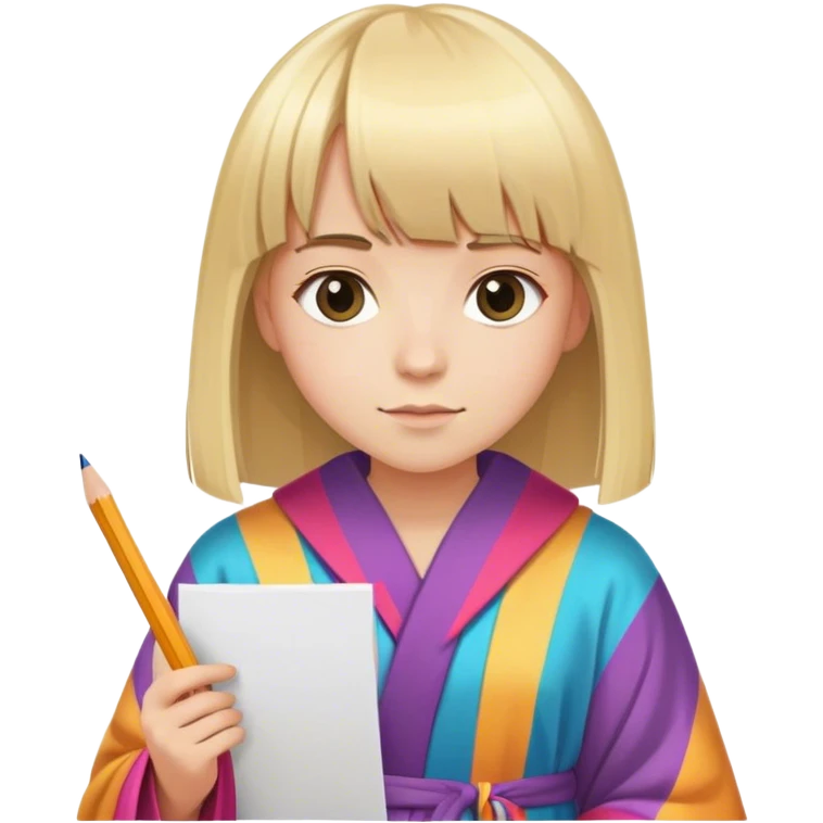 young very happy artist with straight blonde hair and bangs, with pencil ad paper and colorated robe emoji