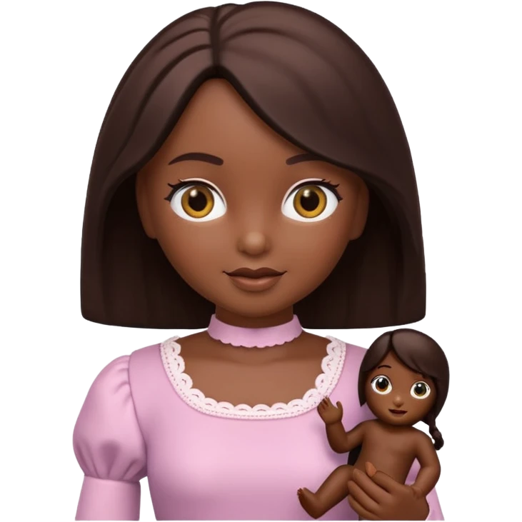 Boneca digital em estilo 3D realista e fofo, semelhante a uma boneca colecionável. Mulher jovem com pele negra, olhos castanhos escuros, cabelo liso cor chocolate, longo e bem alinhado.  emoji
