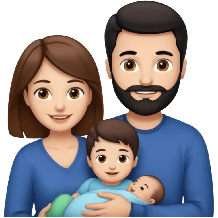 Una mujer con pelo castaño y ojos marrones y un hombre con pelo negro y barba y un bebe emoji