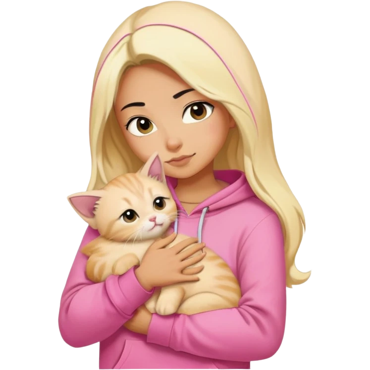 pretty woman wear pink hoodie and her hair is black..hugs a blonde kitten  emoji