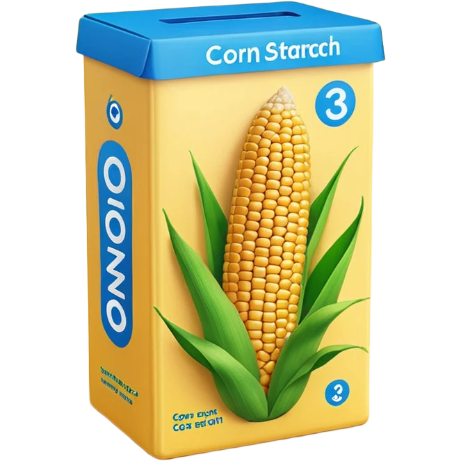cornstarch box, rectangular, yellow with blue accents, rounded edges, corn cob illustration, green leaves, 'CORN STARCH' in bold red, smooth glossy packaging, minimal, clean 3D, soft shadows, transparent background, emoji scale emoji