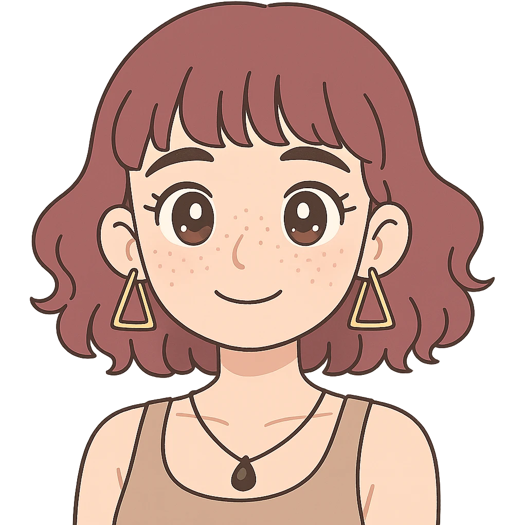 white woman with freckles, teardrop nose piercing, wavy wine purple hair, ear-length bangs, triangular hoop earrings, black stone necklace, tank top, thick eyebrows, large brown eyes, anime style, sensual emoji