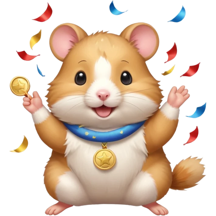 Cute cartoon-style hamster throwing confetti, holding a tiny medal, joyful expression. Painterly shading, white background, sticker-style illustration emoji