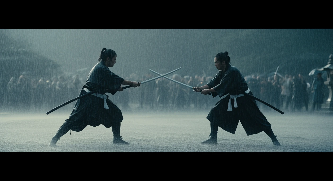 A cinematic scane from 1185, Motion blur, Wide shot of a two japan samurai face to face ready to fight during rain, deph composition, tense atmosphere, captured by by arri alexa, film directed by wes anderson emoji