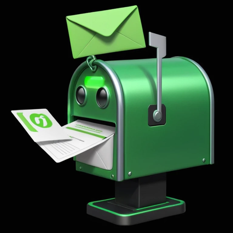green mailbox robot, slightly smaller object in the center, black background, glowing green details, white envelope with code inside, modern tech aesthetic

 emoji