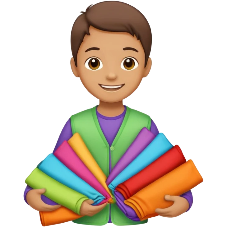 child folding colorful clothes, smiling, organized emoji